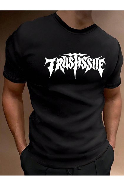 Trust Problem Printed Cotton Fabric Crew Neck Black Short Sleeve Men's T-Shirt