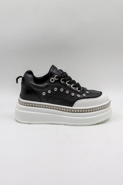 İthal Single Taşlı Model Kadın Sneakers Spor Ayakkabı KB0051 Siyah