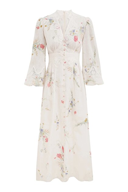 Zimmermann Lucky Lace Plunge Midi Dress ,Dantel Detaylı V Yaka