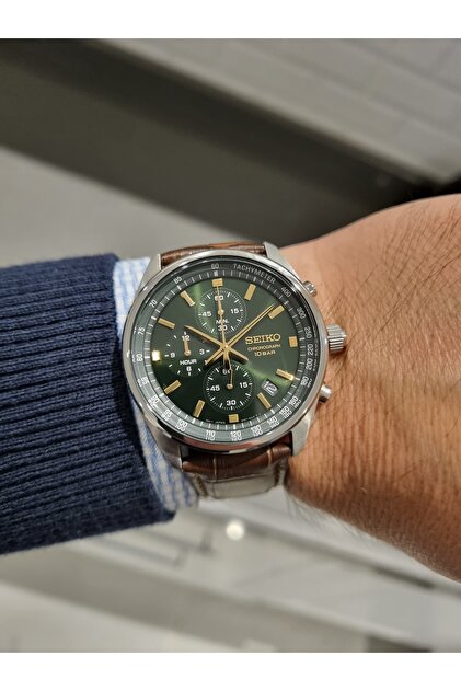 Seiko YEŞİL Kadran Takvimli Kahve Kayışlı 10 Atm Su Geçirmez Erkek