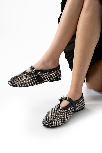 Women's Stone Detailed Mesh Ballerina Black