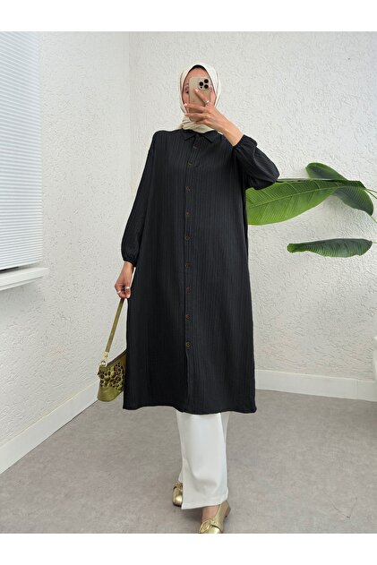 ぐーみん様　おまとめ 3792-3 3747-2 Modamorfo Boydan Düğmeli Kolu Lastikli Uzun Krinkıl Tunik -siyah
