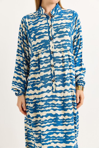 Button Collar Viscose Mixed Patterned Casual Dress Blue