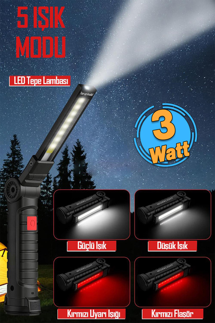 Ledli El Feneri Lambası 5 Modlu Şarjlı Mıknatıslı Kamp Feneri Beyaz Kırmızı Sos Işık 360° Dönerli