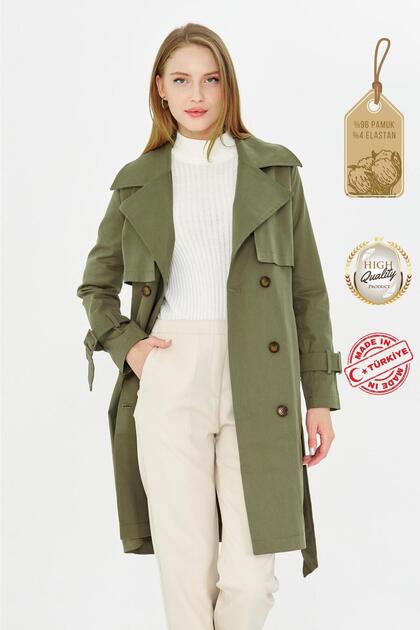 Khaki Green Flexible Cotton Gabardine Midi (95cm) Unlined Women's Trench Coat 1118