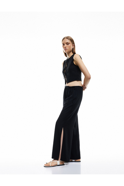 Viscose Fabric Comfortable Fit Slit Detailed Double Breasted Oversize Trousers with Laced Waist and Pockets