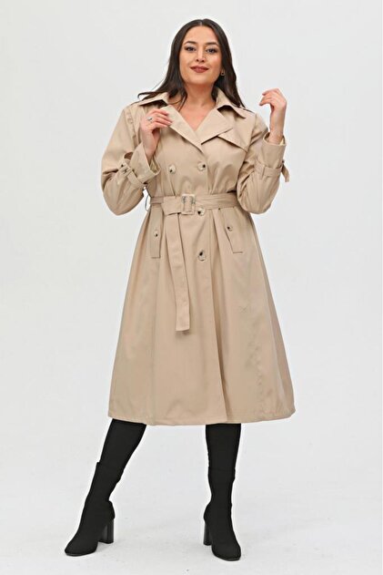 Jamila Long Plus Size Women's Lined Trench Coat- Trendyol