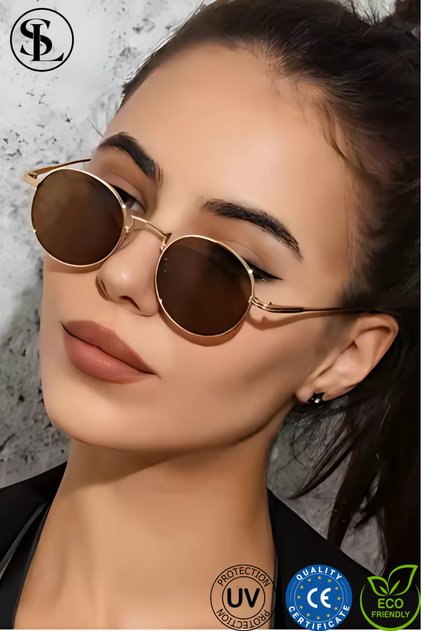 Round Frame Unisex Gold Metal Brown Glass Classic Sunglasses