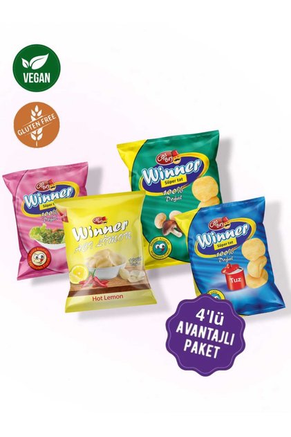 4'lü Vegan Ve Glutensiz Içerik ,Sade,Acı Limon,Salata,Mantar Aromalı Patates Cips
