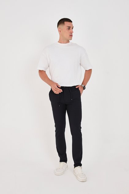 Men's Seersucker Fabric Lycra Jogger Slimfit Waist Half Elastic Navy Blue Fabric Trousers