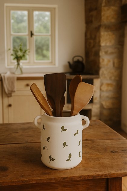 Decorative Plain Green Leaf Patterned Handmade and Hand Painted Clay Vase with Handle