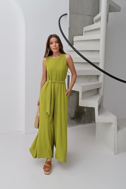 Women's Deta Olive Belted Pocketed Ayrobin Fabric Jumpsuit