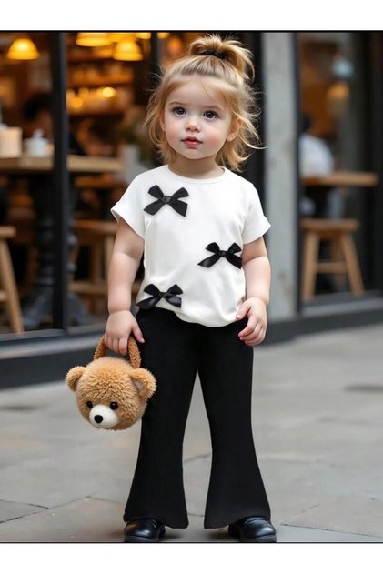 Girls' 3-Piece Ribbon Detail White T-Shirt-Black Spanish Leggingsset
