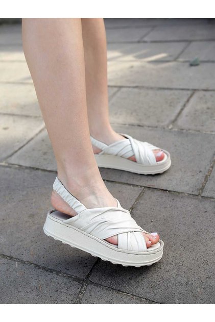 2585-Lx Eren Shoes&Bag Genuine Leather Cross-Strapped Flat Sole Orthopedic Women's Sandals Real Leather Cream