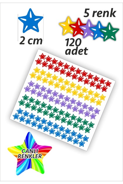 120 Adet 5 Renk Yıldız Etiket 2 Cm Yıldız Temalı Sticker Seti