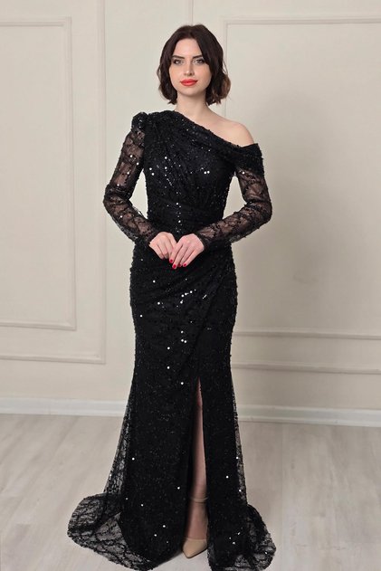 Siyah Düşük Yaka Tek Omuz Abiye 5315