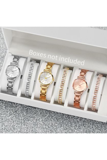 6PCS/Set Women's Watch Fashion Steel Band Quartz Watches Diamond Bracelets Set（Without Box）