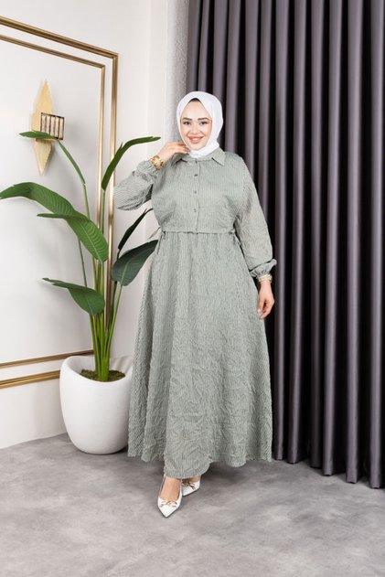 Women's Mint Hijab Clothing Shirt Detailed Striped Viscose Crashed Dress Double Suit
