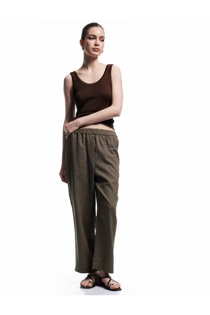 Wide Leg Linen Trousers with Elastic Waist and Lined Pockets