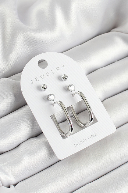 Silver Color 3-Piece Double Women's Earring Set with Brass Zircon Stone and Rectangular Figure
