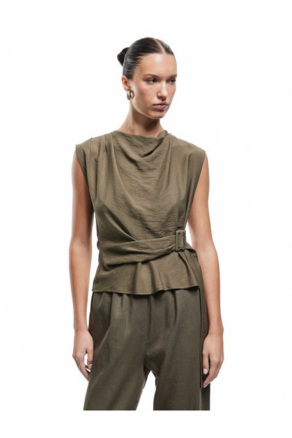 Aerobin Viscose Fabric Belt Detailed Degaje Collar Asymmetrical Tank Top