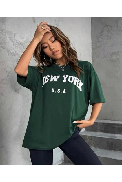 Oversize Fit Green Color New York U.S.A Printed Relaxed Fit T-Shirt Unisex