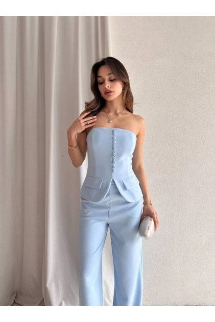 Kadın Abiye Şık Düğmeli Straplez Yelek Pantolon Takım - Abiye & Mezuniyet Elbisesi