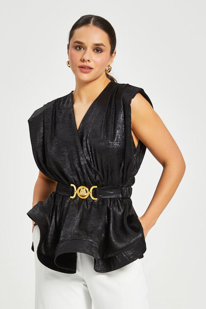 Serpil Kadın Işıltılı Kemerli Peplum Bluz – V Yaka, Omuz Vatkalı