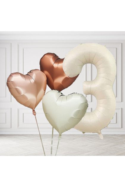 3 Years Old Retro Cream Beige Brown Heart Balloons Set Birthday Balloon with Cream Figures Stylish Party Ornament