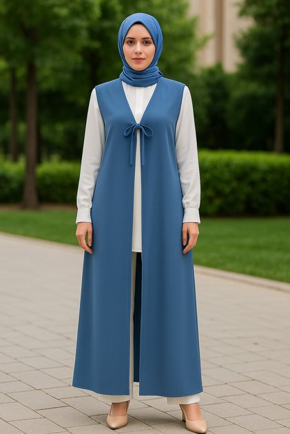 Medina Silk Tie Detail Hijab Vest, Multifunctional Use Pareo Beach Wear, Long Vest