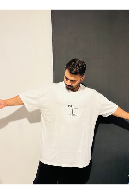 Battal Size White Futura Printed Oversize V-Neck Combed Cotton T-Shirt
