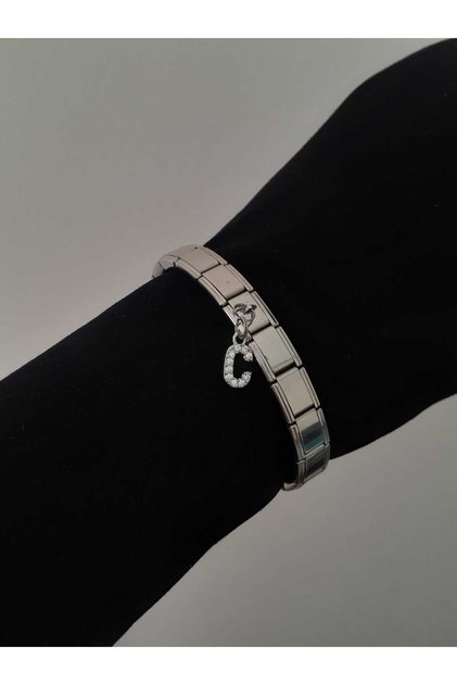Steel C Letter Zircon Stone Italian Charm Bracelet