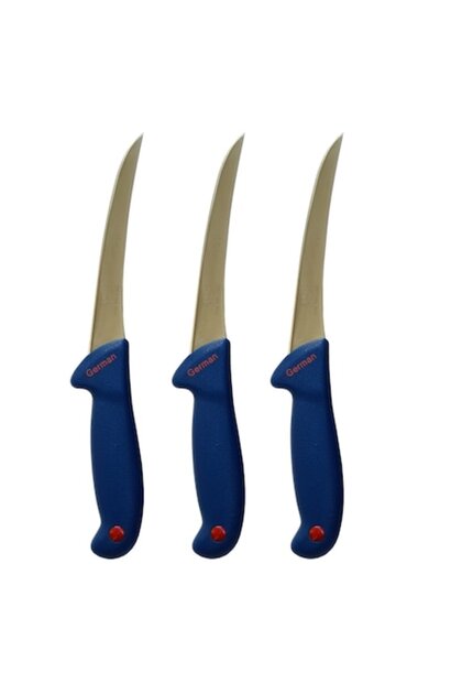 Set 3 Cutite macelar pentru dezosat, lama curbata 13 cm, otel inoxidabil, albastru, 28 cm