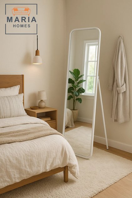 White Standing Full-Length Mirror with Rounded Frame Minimalist Design for Bedroom or Dressing Room