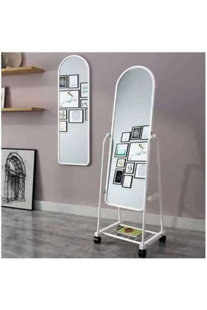 Full-Length White Mirror with Wheels and Storage Rack Standing Dressing Mirror for Bedroom