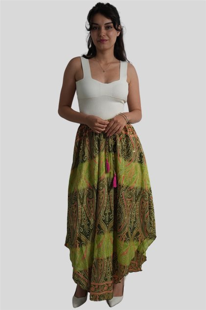 Khaki Color Gold Detailed Silk Long Skirt