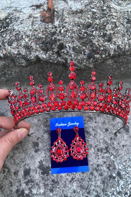 Abrienda Red Bridal Henna Crown Special Day Accessory Women's Crown and Drop Shuttle Earrings Set
