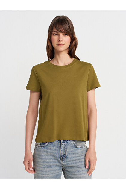 Dilvin 31757 %100 Pamuk Bisiklet Yaka Dikiş Detaylı T-shirt-Yağ