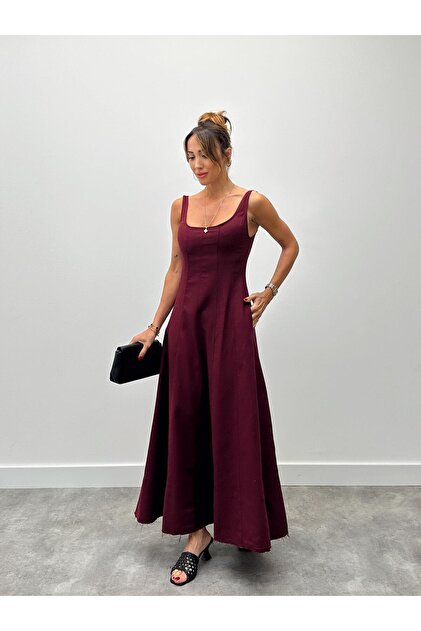 MALDA SHOP Women's Burgundy Linen Dress with Straps and Pockets- Trendyol