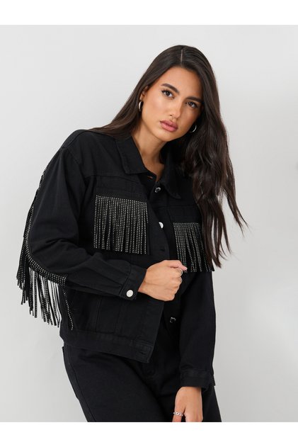 Regular Fit Buttoned Denim Jacket with Frings Detail