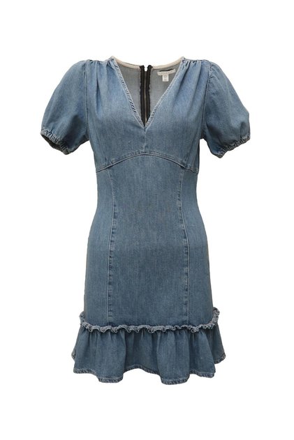 Premium Seri V Yaka Balon Kol Mavi Denim Elbise