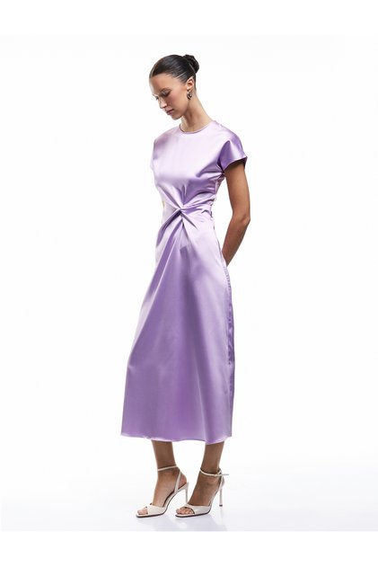 Cut-Out Sleeve Crew Neck Drape Detail Midi Length Satin Dress