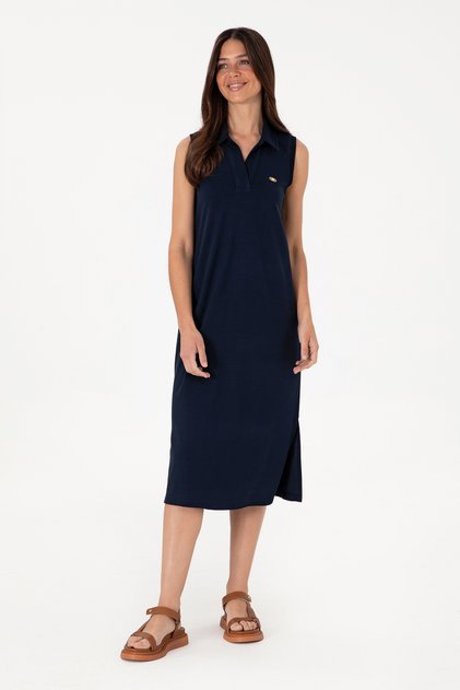 Women's Navy Blue Polo Neck Midi Length Knitted Dress 50300674-Vr033