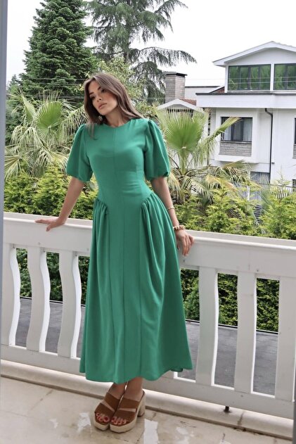 JANES Green back-tied pleated linen dress- Trendyol