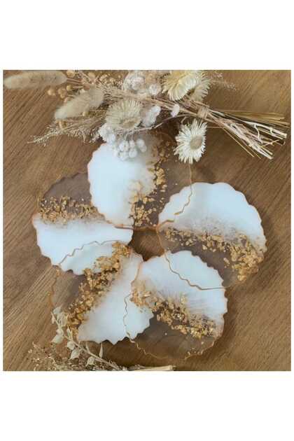 Set of 4 Epoxy Coasters with White Gold Leaf