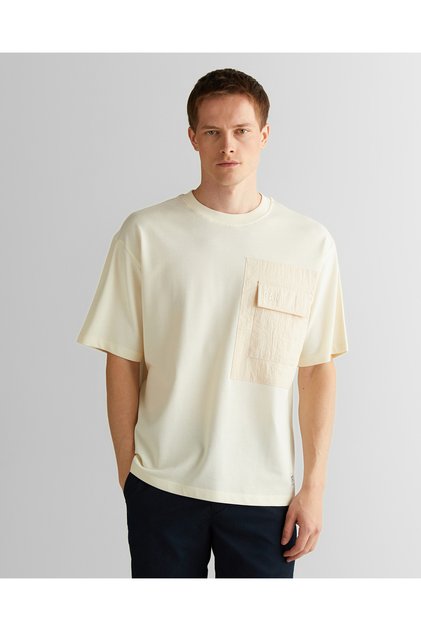 Erkek Krem Relaxed Fit Bisiklet Yaka Logolu T-Shirt