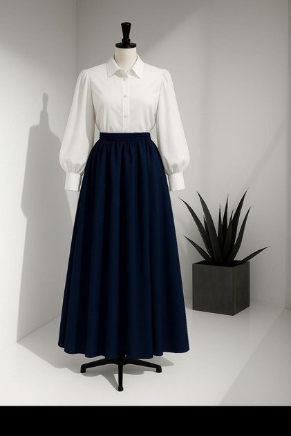 Women's Elastic Waist Long Poplin Navy Blue Skirt
