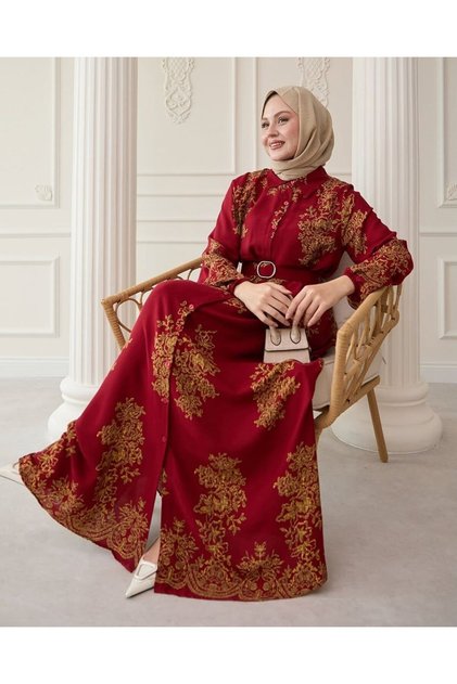 Shirt Collar Sleeve Mouth Elasticized Buttoned Belted Viscon Fabric Full Length Dress