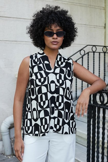 Women's Voile Patterned Stand Collar Sleeveless Relaxed Fit Blouse-Black Pattern