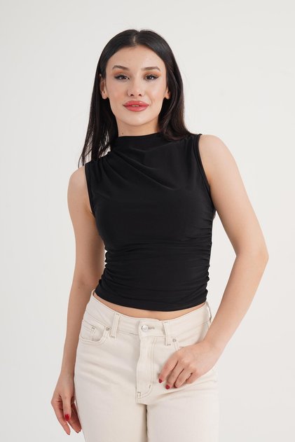 Zero Sleeve Side Gathered Bodycon Black Blouse